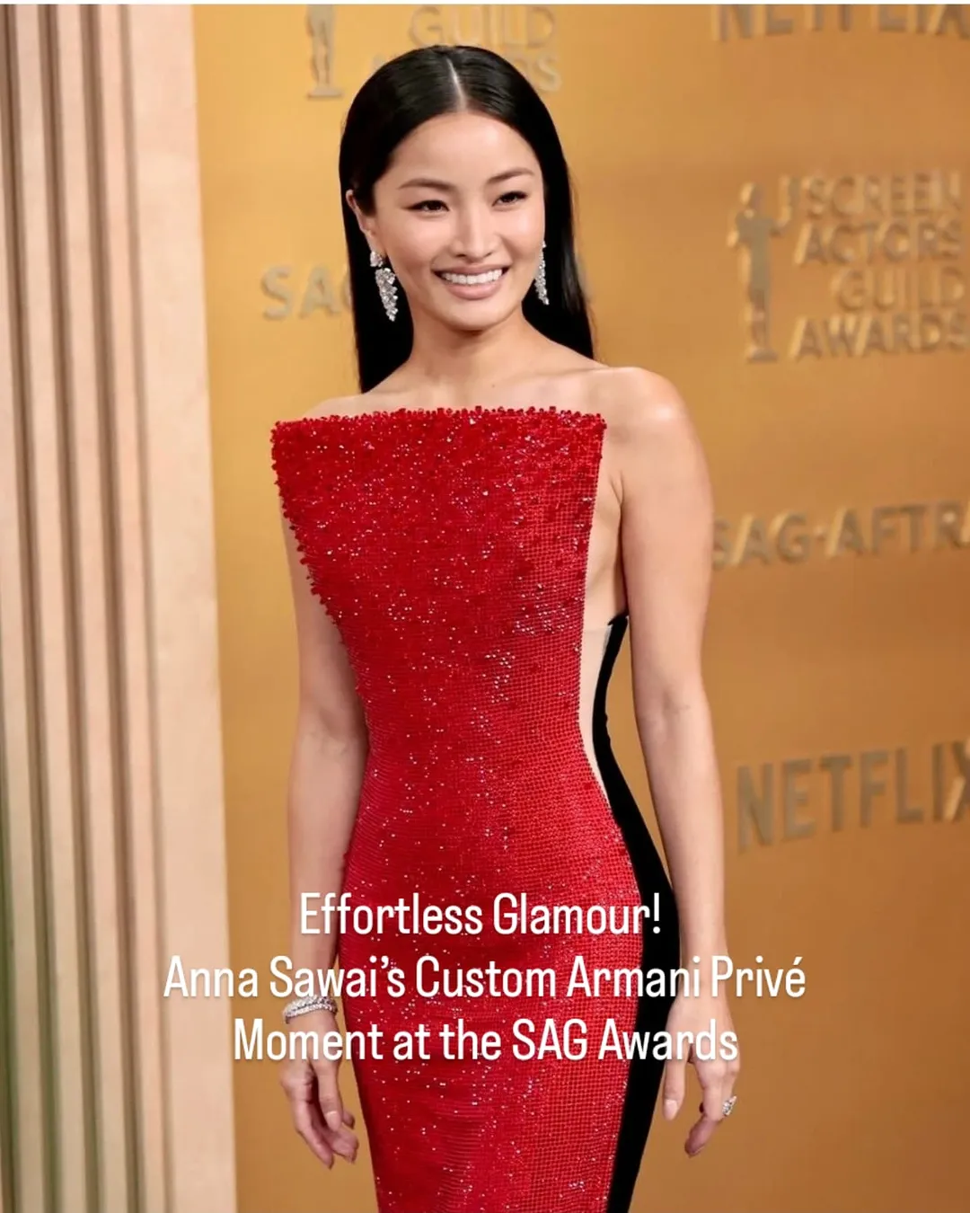 Anna Sawai radiates elegance in a custom Armani Privé gown at the #SAGAwards.